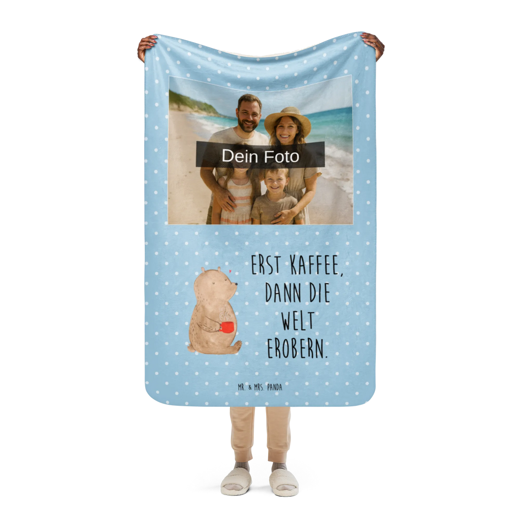 Sherpa Photo Cuddle Blanket bear Coffee bear, teddy, teddy bear, cuddly toy, conquer the world, motivation, bears, coffee, good morning, save the world, morning routine