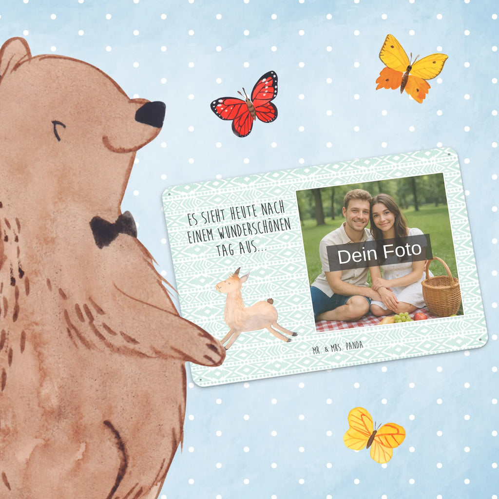 Spersonalizowany metalowy szyld ze zdjęciem lama Skakanie Lama, Alpaka