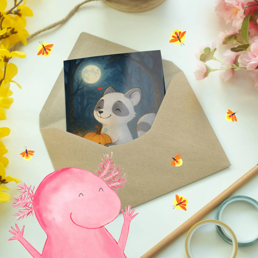 Grußkarte Waschbär Kürbis Design Grußkarte, Hochzeitskarte, Einladungskarte, Ansichtskarten, Karte, Geburtstagskarte, Glückwunschkarte, Klappkarte, Halloween, Deko, Martinssingen, Dekoration, Geschenke, Schenken, Kürbis, Waschbär, Süßes sonst gibt's saures, Trick or Treat, Halloween Deko