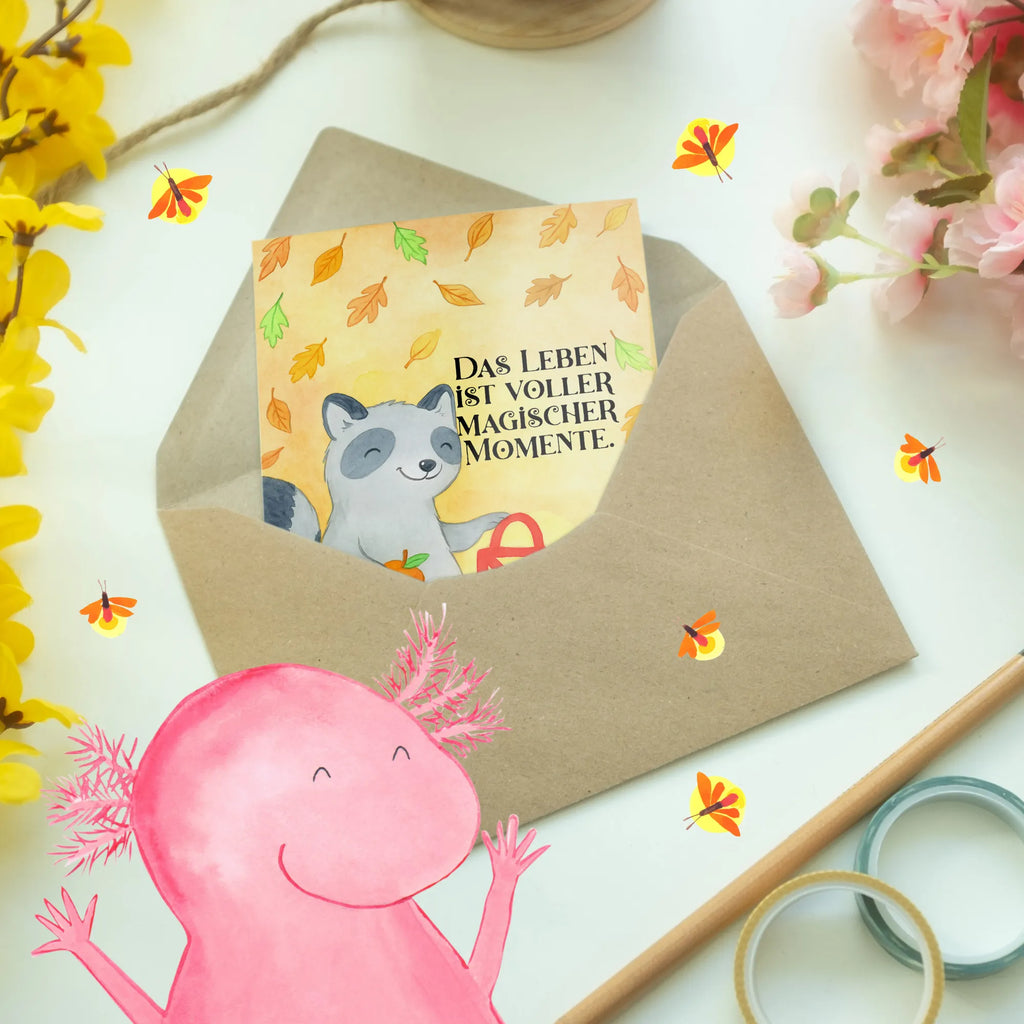 Greetings card Raccoon Lantern Design Grußkarte, Klappkarte, Einladungskarte, Glückwunschkarte, Hochzeitskarte, Geburtstagskarte, Karte, Ansichtskarten, Halloween, Deko, Martinssingen, Dekoration, Geschenke, Schenken, Halloween Deko, Trick or Treat, Süßes sonst gibt's saures, Waschbär, Laterne, Herbst