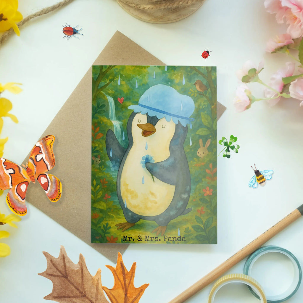 Greetings card Penguin have a shower Design Grußkarte, Klappkarte, Einladungskarte, Glückwunschkarte, Hochzeitskarte, Geburtstagskarte, Karte, Ansichtskarten, Pinguin, Pinguine, Dusche, duschen, Lebensmotto, Motivation, Neustart, Neuanfang, glücklich sein