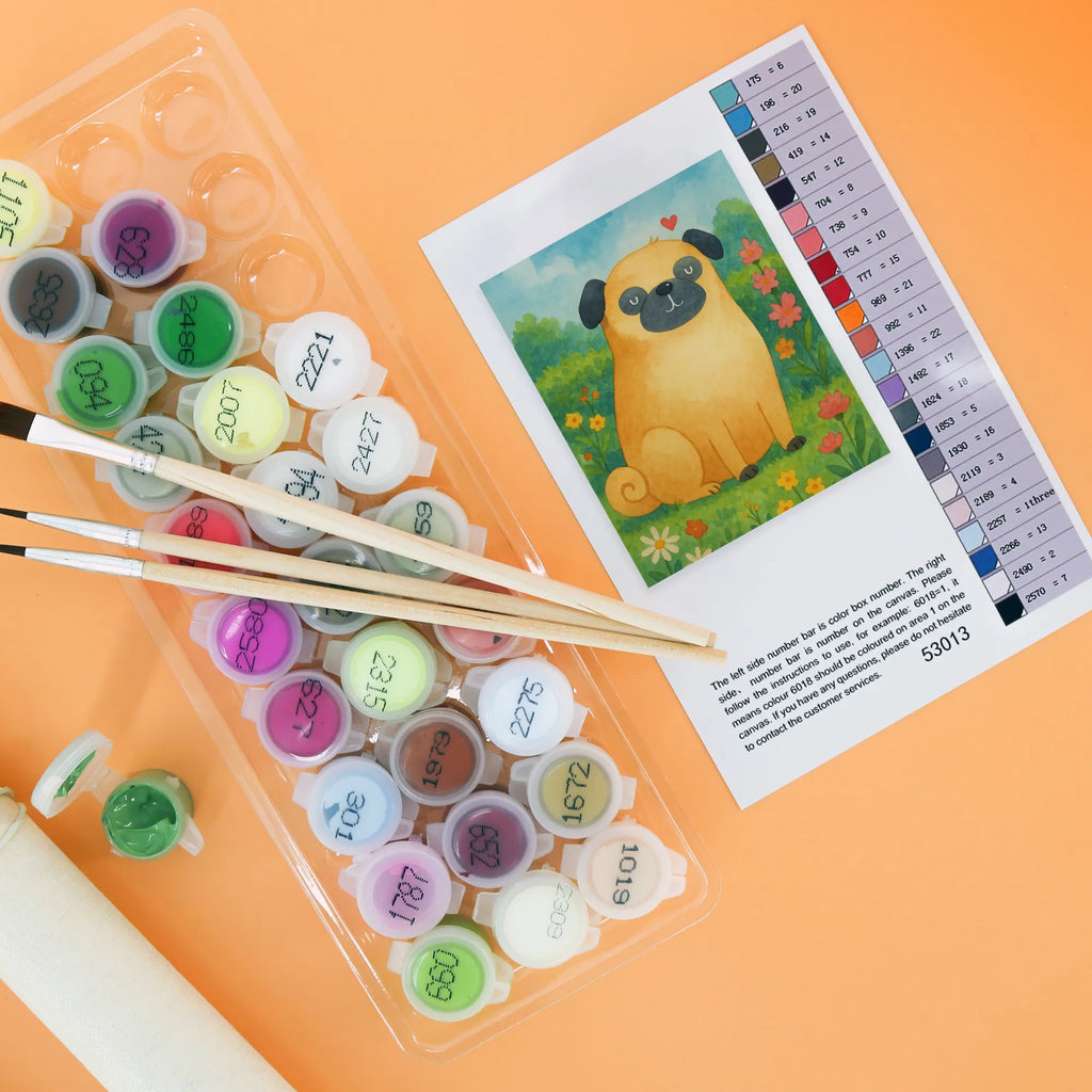 Paint by Numbers Pug Design Ausmalbild, Malen nach Zahlen, Kunstwerk, Hund, Hundemotiv, Haustier, Hunderasse, Tierliebhaber, Hundebesitzer, Sprüche, Mops, Hundeliebe, Liebe