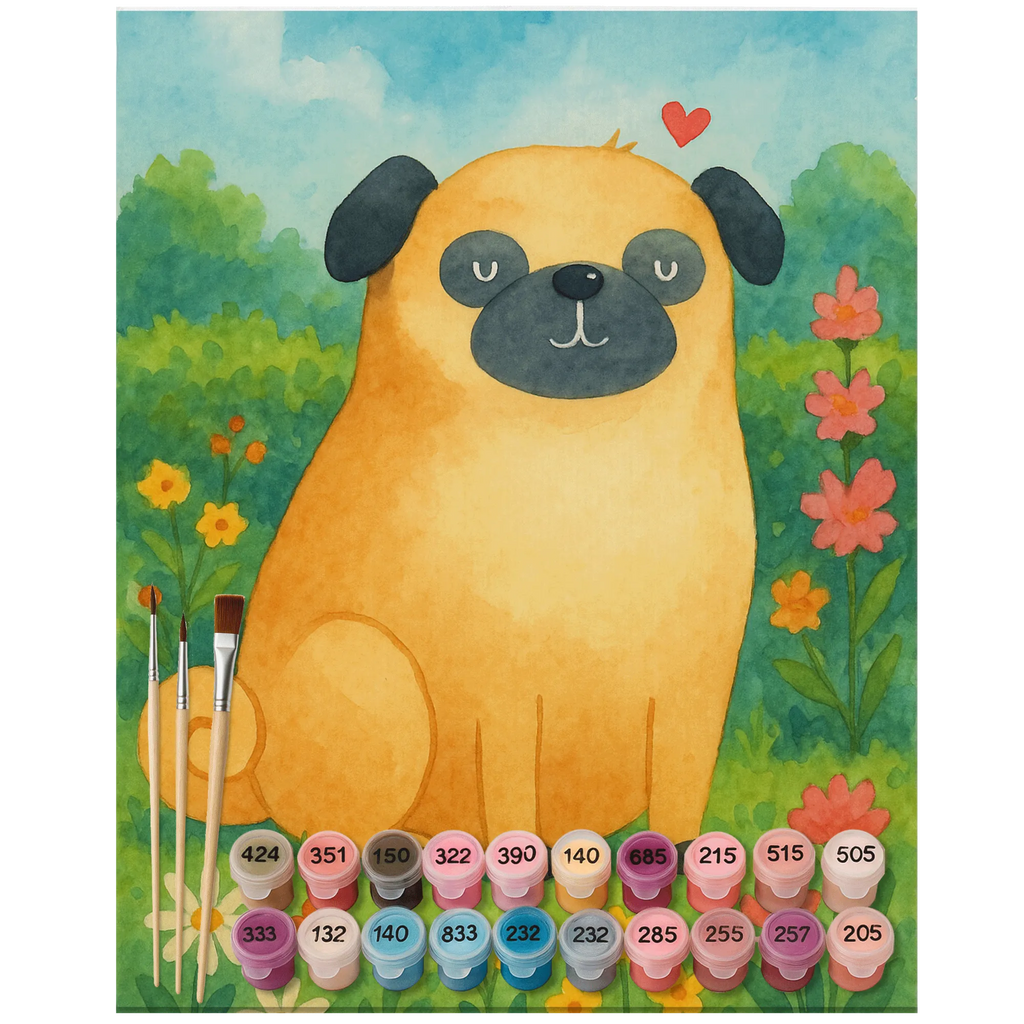 Paint by Numbers Pug Design Ausmalbild, Malen nach Zahlen, Kunstwerk, Hund, Hundemotiv, Haustier, Hunderasse, Tierliebhaber, Hundebesitzer, Sprüche, Mops, Hundeliebe, Liebe