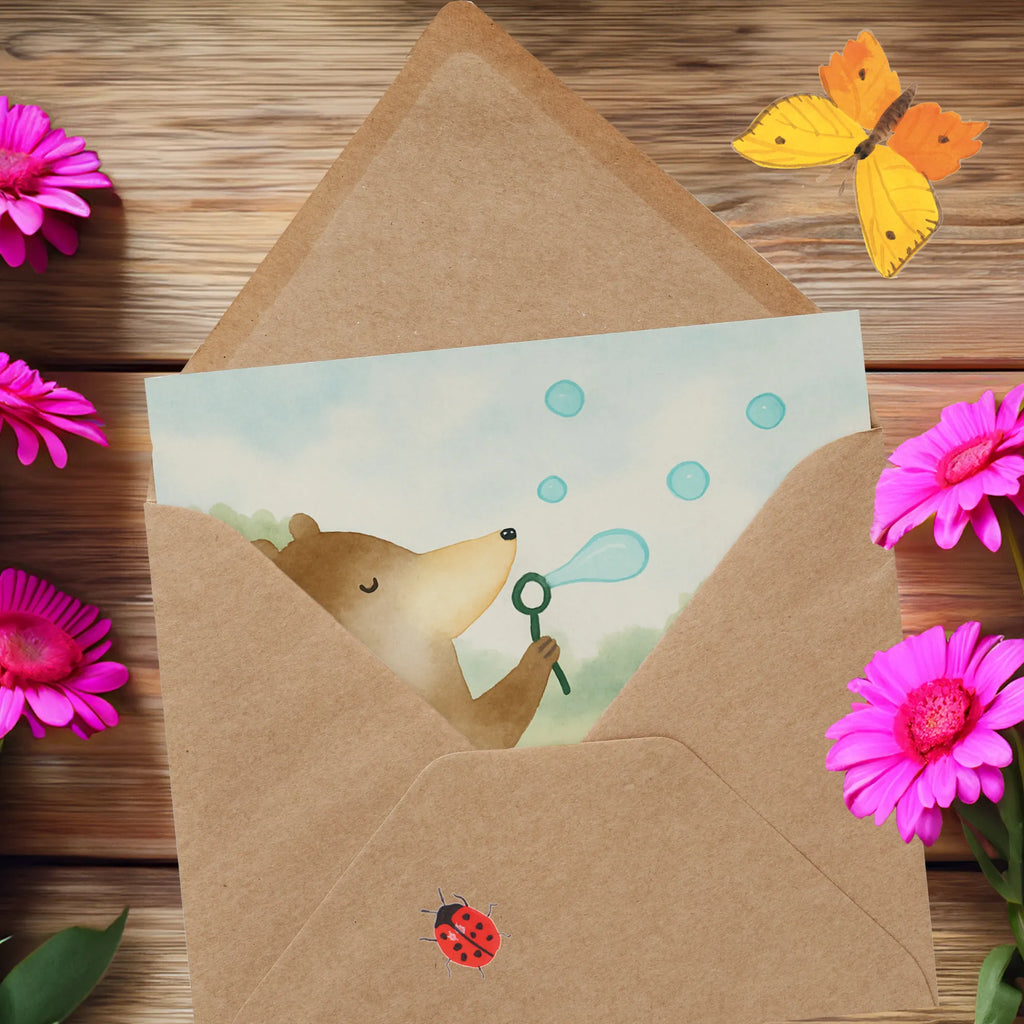 Karta Deluxe niedźwiedź bańki mydlane Design Karte, Grußkarte, Klappkarte, Einladungskarte, Glückwunschkarte, Hochzeitskarte, Geburtstagskarte, Hochwertige Grußkarte, Hochwertige Klappkarte, Bär, Teddy, Teddybär, Seifenblasen Bär Lustig Sein Glücklich Traurig Happy