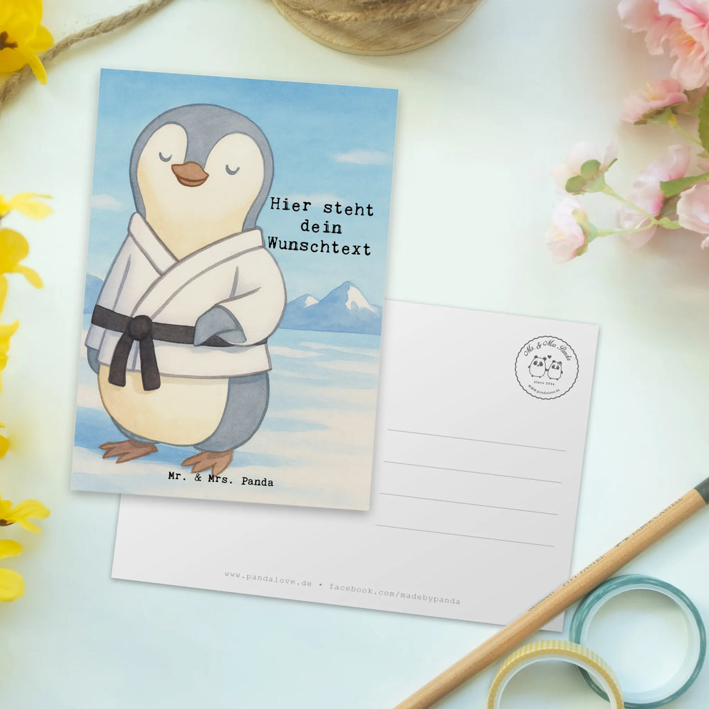 Personalisierte Postkarte Pinguin Karate Design Ansichtskarte mit Namen, Ansichtskarte mit Wunschtext, Geschenkkarte mit Wunschtext, Postkarte bedrucken, Grußkarte mit Namen, Postkarte personalisierbar, Einladung mit Wunschtext, Geschenkkarte mit Namen, Karte mit Namen, Postkarte mit Wunschtext, Postkarte mit Namen, Karte mit Wunschtext, Grußkarte mit Wunschtext, Einladung mit Namen, Geschenk, Sport, Sportart, Hobby, Schenken, Danke, Dankeschön, Auszeichnung, Gewinn, Sportler, Kampfsportart, Karate, Karate Verein, Kampfkunst, Selbstverteidigung
