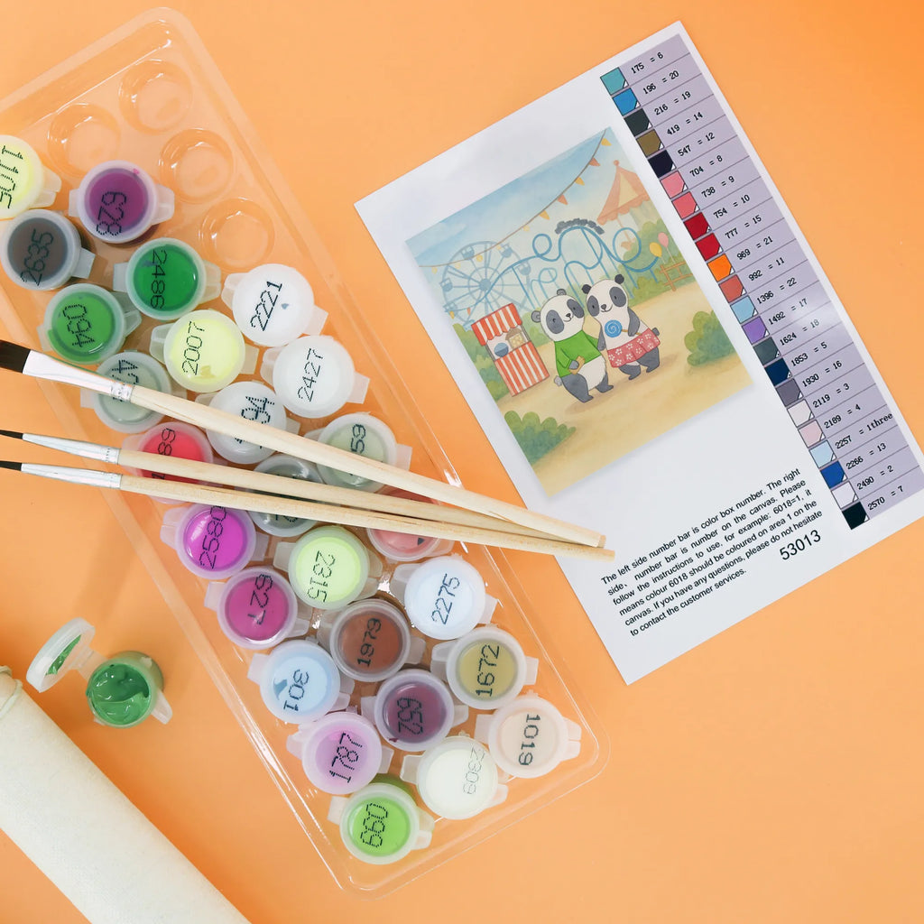 Malowanie według numerów Pandy odwiedzić park rozrywki Design Künstler, DIY, Bastelidee, Baseln, Ausmalbild, Kreativität, Kunstwerk, Malen, Malen nach Zahlen, Geschenk, Sport, Sportart, Hobby, Schenken, Danke, Dankeschön, Auszeichnung, Gewinn, Sportler, Achterbahn fahren, Freizeitpark besuchen