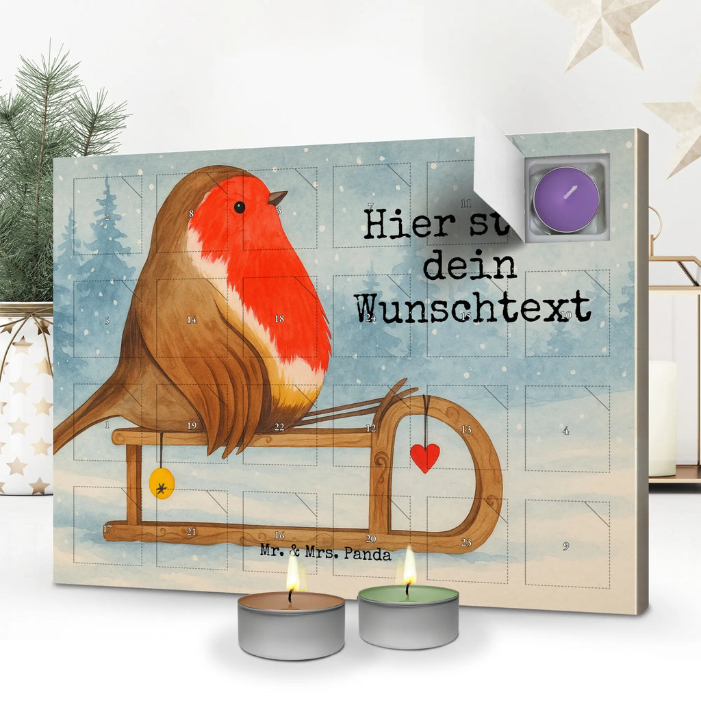Personalisierter Duftkerzen Adventskalender Rotkehlchen Schlitten Design Personalisierter Duftkerzen Adventskalender, Weihnachten, Winter, Weihnachtsdeko, Nikolaus, Advent, Heiligabend, Wintermotiv, Vogel, Schlitten