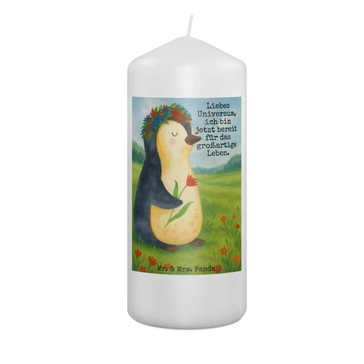 świeca pingwin kwiaty Design Erinnerungslicht, Bedruckte Kerze, Wachskerze, Kerze, Stumpenkerze, Zylinderkerze, Blockkerze, Erinnerungskerze, Pinguin, Leben, Liebeskummer, Geschenkidee, Motivation, Ziele, Pinguine, Lebenslust, Wünsche, Lebensziele, Blumenkranz, Universum