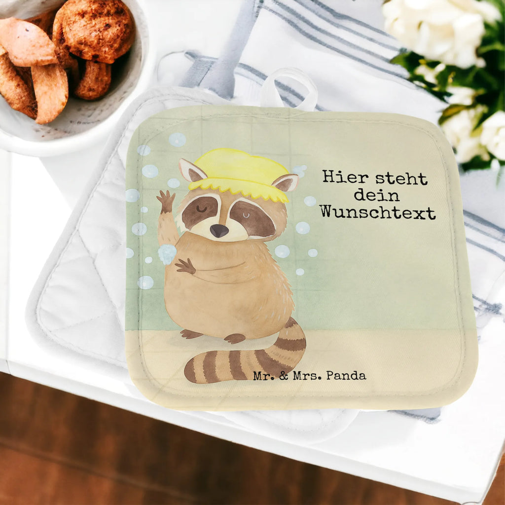 Personalisierte Topflappen Waschbär Design Topflappen Set personalisiert, Namensaufdruck, Topflappen personalisiert, Topflappen mit Namen, Personalisierte Topfuntersetzer, Personalisierter Ofenhandschuh, Tiermotive, Gute Laune, lustige Sprüche, Tiere, waschen, Fröhlich, Tagträumen, Waschbär, Plan, Seifenblasen