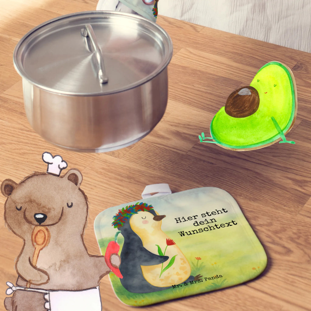 Personalisierte Topflappen Pinguin Blumen Design Topflappen personalisiert, Namensaufdruck, Personalisierter Ofenhandschuh, Personalisierte Topfuntersetzer, Topflappen mit Namen, Topflappen Set personalisiert, Pinguin, Universum, Lebenslust, Blumenkranz, Geschenkidee, Pinguine, Wünsche, Liebeskummer, Leben, Motivation, Lebensziele, Ziele