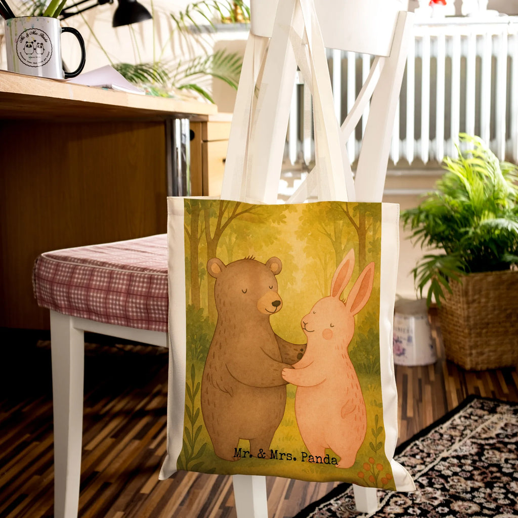 Tote bag bear and rabbit Embrace Design Jutetasche, Einkaufstüte, Beuteltasche, Stoffbeutel, Strandtasche, Laptoptasche, Tasche, Shopper, Umhängetasche, Schultertasche, Einkaufstasche, Stofftasche, Beutel, Badetasche, Tragetasche, Jutebeutel, Liebe, Partner, Freund, Freundin, Ehemann, Ehefrau, Heiraten, Verlobung, Heiratsantrag, Liebesgeschenk, Jahrestag, Hocheitstag, Hase, best friends, Freunde, Bärchen, Bär, bester Freund
