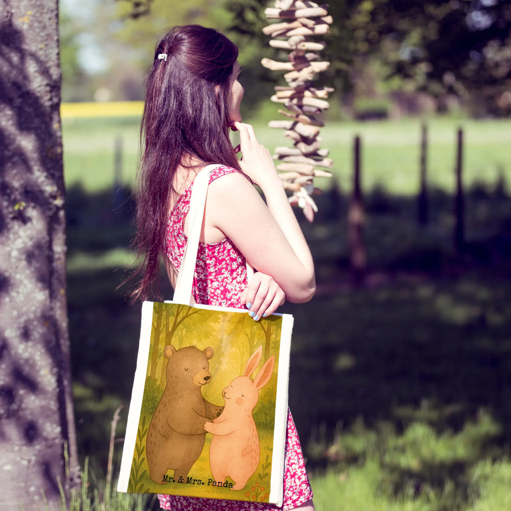 Tote bag bear and rabbit Embrace Design Jutetasche, Einkaufstüte, Beuteltasche, Stoffbeutel, Strandtasche, Laptoptasche, Tasche, Shopper, Umhängetasche, Schultertasche, Einkaufstasche, Stofftasche, Beutel, Badetasche, Tragetasche, Jutebeutel, Liebe, Partner, Freund, Freundin, Ehemann, Ehefrau, Heiraten, Verlobung, Heiratsantrag, Liebesgeschenk, Jahrestag, Hocheitstag, Hase, best friends, Freunde, Bärchen, Bär, bester Freund