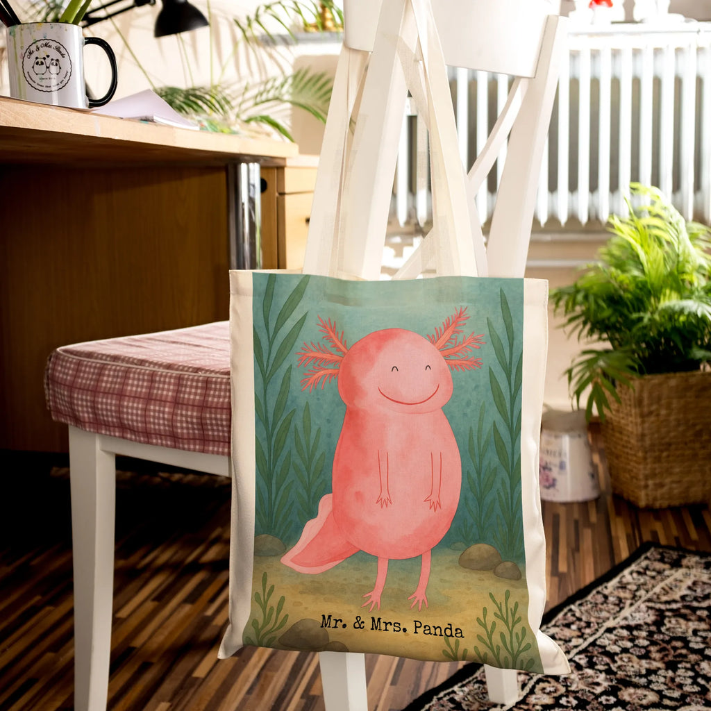 Tragetasche Axolotl Glücklich Design Schultertasche, Einkaufstüte, Jutetasche, Jutebeutel, Einkaufstasche, Stofftasche, Beuteltasche, Stoffbeutel, Umhängetasche, Tragetasche, Badetasche, Shopper, Laptoptasche, Beutel, Strandtasche, Tasche, Axolotl, Molch, gute Laune, Lurche, Motivation, Axolot, Lurch, Schwanzlurch