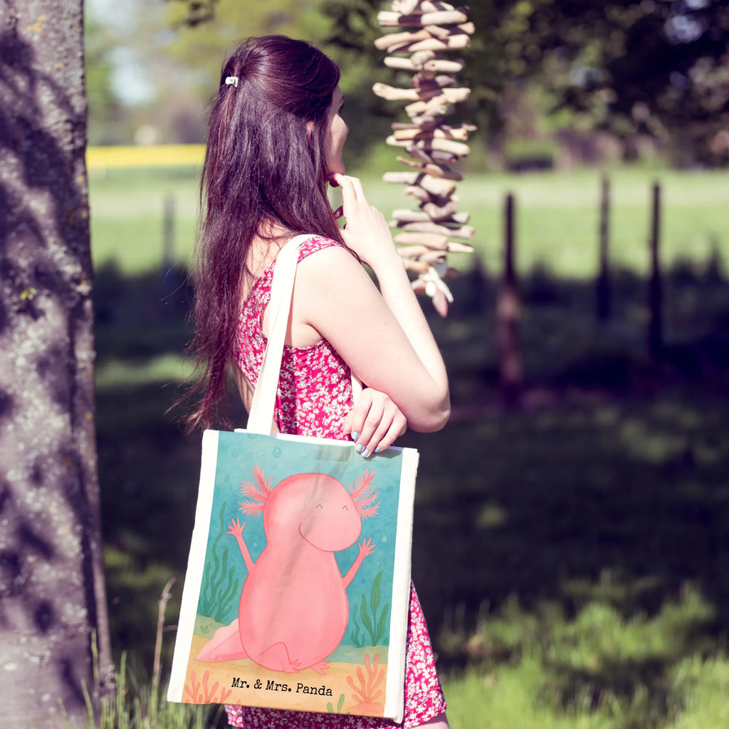 Tragetasche Axolotl Hurra Design Tasche, Laptoptasche, Einkaufstasche, Einkaufstüte, Stofftasche, Shopper, Tragetasche, Stoffbeutel, Beutel, Beuteltasche, Umhängetasche, Schultertasche, Jutetasche, Jutebeutel, Badetasche, Strandtasche, Axolotl, Molch, Schwanzlurch, Spaß, Zufriedenheit, Lurch, Lurche, Motivation, Axolot, Freude, fröhlich