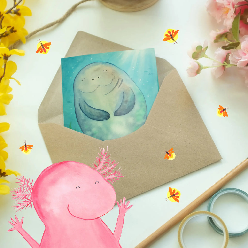 Greetings card manatee happy Design greeting card, wedding card, invitation card, birthday card, folding card, Seafood, aquatic animals, ocean, sea, fish, shells, corals, reef, whale, narwhal, sea urchin, lobster, platypus, turtle, manatee, crocodile, orca, shrimp, gifts for seafood lovers, water world, underwater animals, underwater world, vacation, deep sea, seafood fans, gift ideas, seafood decoration, seafood posters, Manatees, Carefulness, New start, Respect, Satisfaction, Lovesickness, New beginning, Girlfriend, Manatee, Self-love