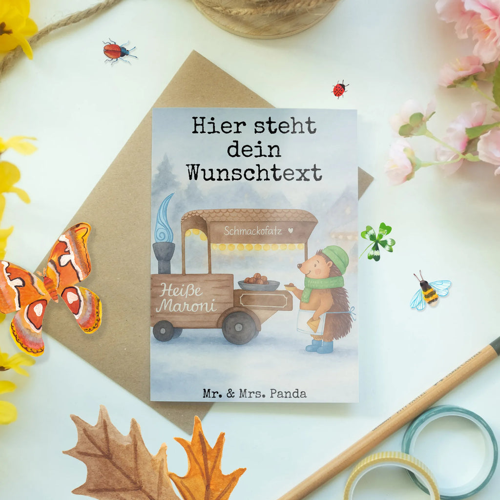 Personalised greetings card hedgehog Chestnuts Design Winter, Christmas, Christmas time, snow