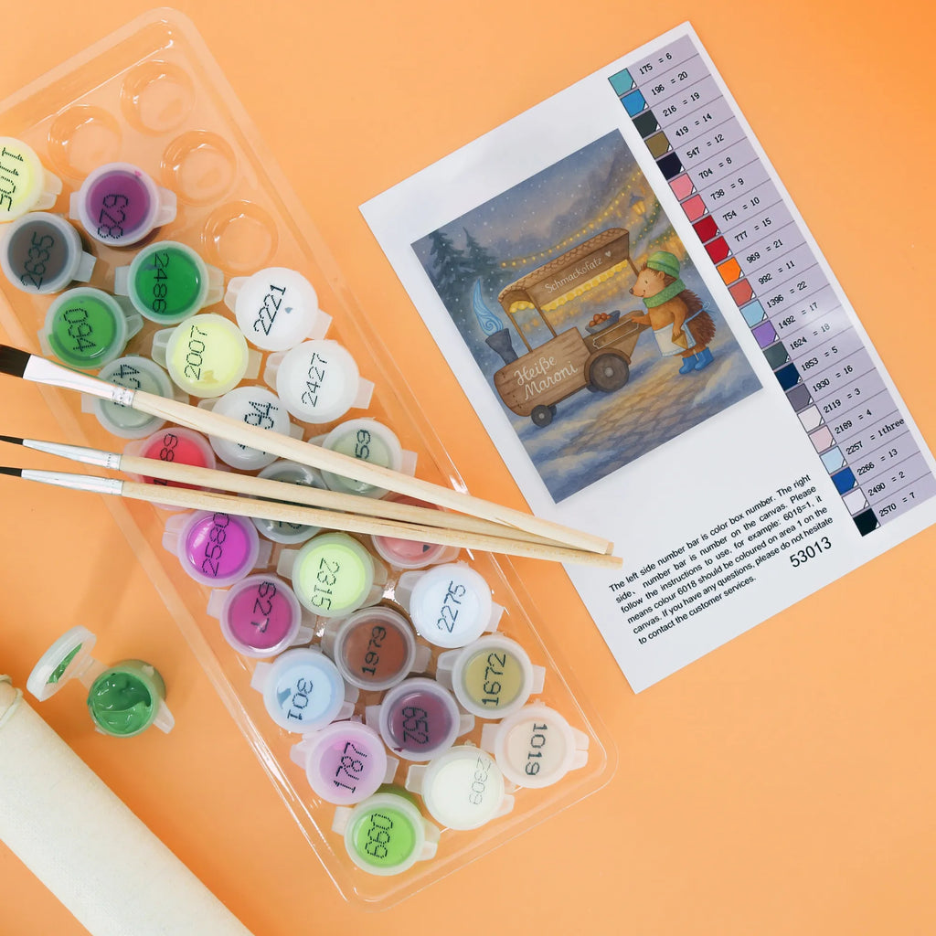 Malen nach Zahlen Igel Maronen Design Künstler, DIY, Malen, Ausmalbild, Baseln, Malen nach Zahlen, Kunstwerk, Bastelidee, Kreativität, Winter, Weihnachten, Weihnachtsdeko, Nikolaus, Advent, Heiligabend, Wintermotiv, Weihnachtsmarkt, Kastanien, Duft, Maronen