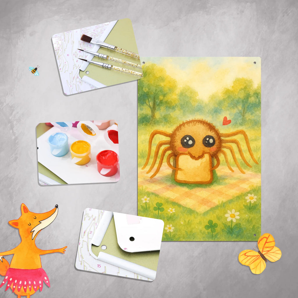 Malen nach Zahlen Metallschild Spinne Agathe Sandwich Design Ausmalbild, DIY, Malen nach Zahlen, Baseln, Kreativität, Kunstwerk, Bastelidee, Künstler, Malen, Spinne Agathe, Spinne, Agathe, Videos, Merchandise, Lebensfreude, Alles wird gut, Mut, Glück, Hunger, Hungrig, Verfressen