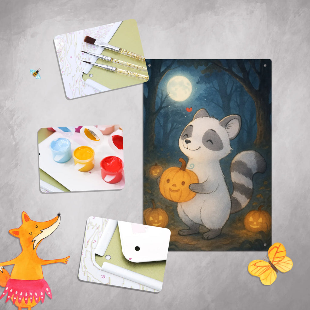 Malen nach Zahlen Metallschild Waschbär Kürbis Design Malen, Kunstwerk, Baseln, DIY, Bastelidee, Kreativität, Ausmalbild, Malen nach Zahlen, Künstler, Halloween, Deko, Martinssingen, Dekoration, Geschenke, Schenken, Waschbär, Kürbis, Halloween Deko, Süßes sonst gibt's saures, Trick or Treat