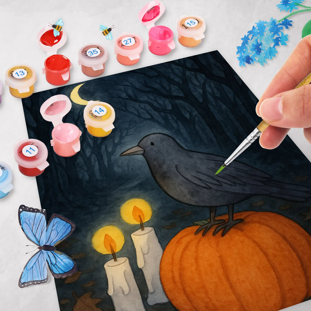 Paint by Numbers Crow Halloween Design Künstler, Bastelidee, Ausmalbild, Kreativität, DIY, Kunstwerk, Malen, Malen nach Zahlen, Baseln, Halloween, Deko, Martinssingen, Dekoration, Geschenke, Schenken