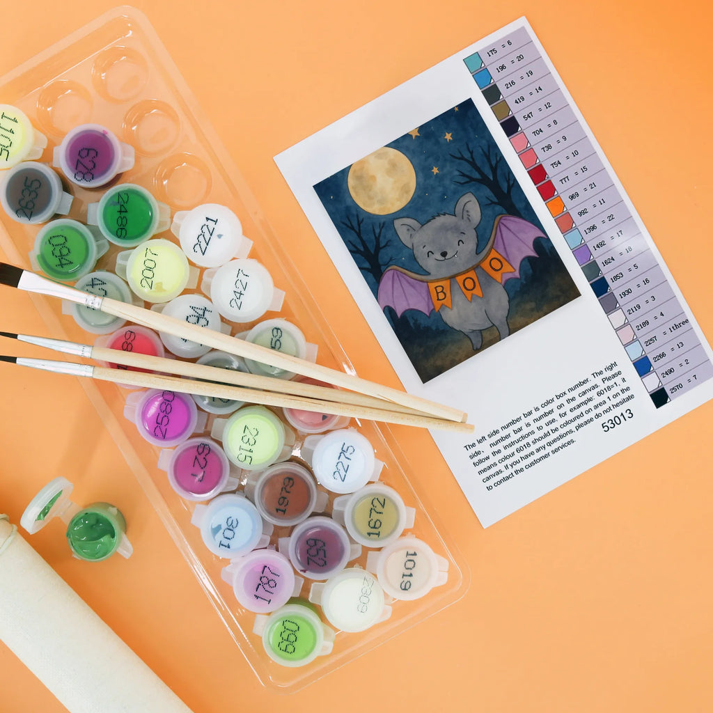 Paint by Numbers Bat Boo Design Baseln, Künstler, Malen, Kunstwerk, Kreativität, Ausmalbild, Malen nach Zahlen, DIY, Bastelidee, Halloween, Deko, Martinssingen, Dekoration, Geschenke, Schenken