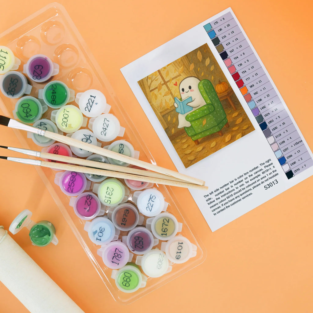 Paint by Numbers Ghost Book Design Baseln, Bastelidee, Kreativität, Ausmalbild, Künstler, Malen nach Zahlen, Malen, Kunstwerk, DIY, Halloween, Deko, Martinssingen, Dekoration, Geschenke, Schenken, gemütlich, Buch, Gespenst, Herbst