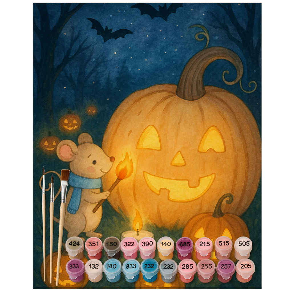 Malen nach Zahlen Kürbis Maus Design DIY, Kunstwerk, Bastelidee, Kreativität, Künstler, Malen nach Zahlen, Malen, Ausmalbild, Baseln, Halloween, Deko, Martinssingen, Dekoration, Geschenke, Schenken, Kerzen, Trick or Treat, Halloween Deko, Süßes sonst gibt's saures, Maus, Kürbis