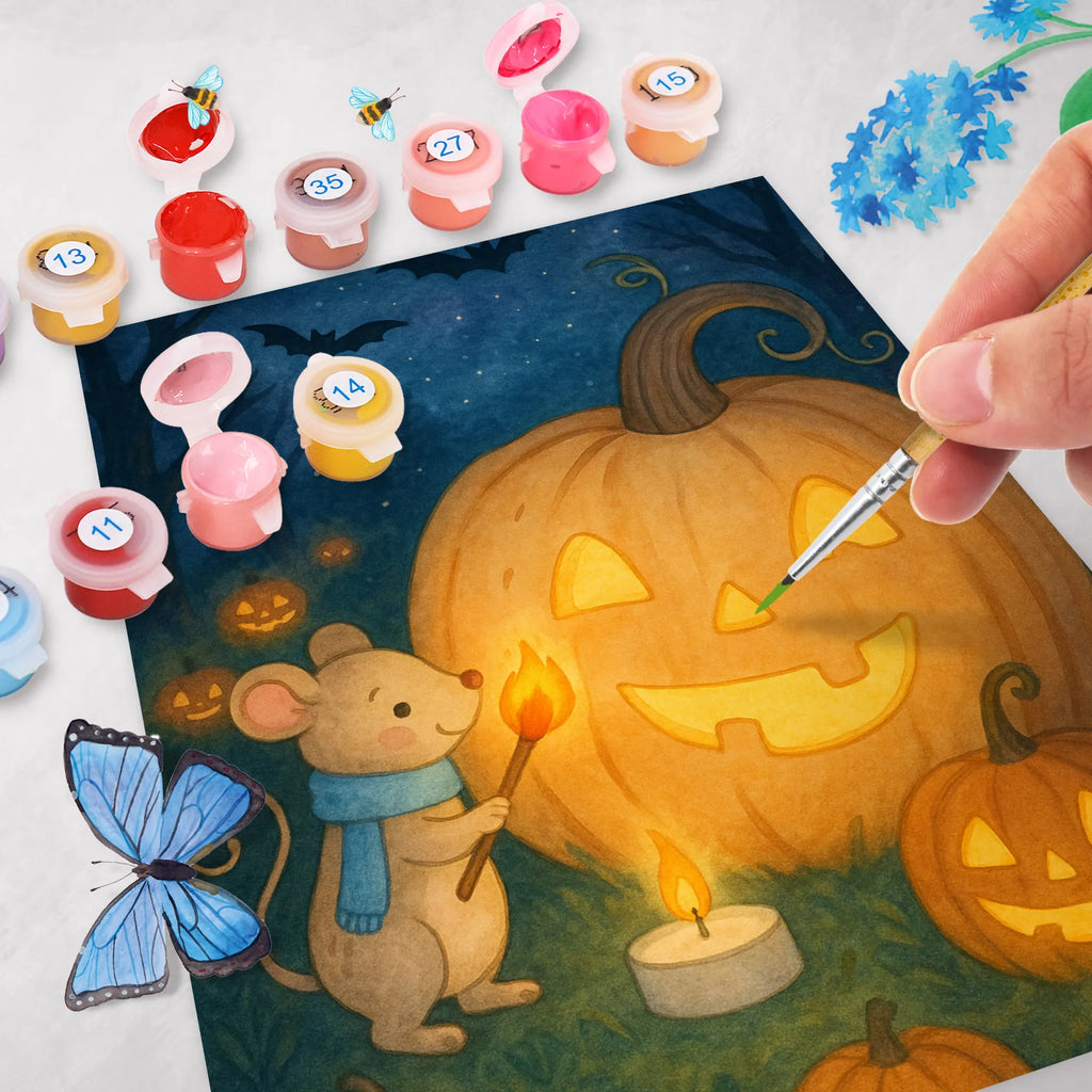 Malen nach Zahlen Kürbis Maus Design DIY, Kunstwerk, Bastelidee, Kreativität, Künstler, Malen nach Zahlen, Malen, Ausmalbild, Baseln, Halloween, Deko, Martinssingen, Dekoration, Geschenke, Schenken, Kerzen, Trick or Treat, Halloween Deko, Süßes sonst gibt's saures, Maus, Kürbis