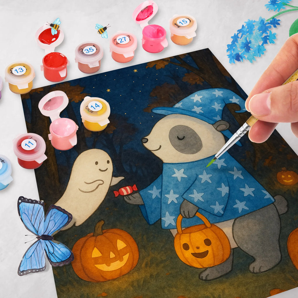 Malen nach Zahlen Panda Zauberer Design Bastelidee, Baseln, Malen nach Zahlen, DIY, Malen, Ausmalbild, Künstler, Kunstwerk, Kreativität, Halloween, Deko, Martinssingen, Dekoration, Geschenke, Schenken, Zauberer, Süßes sonst gibt's saures, Panda, Trick or Treat, Gespenst, Halloween Deko