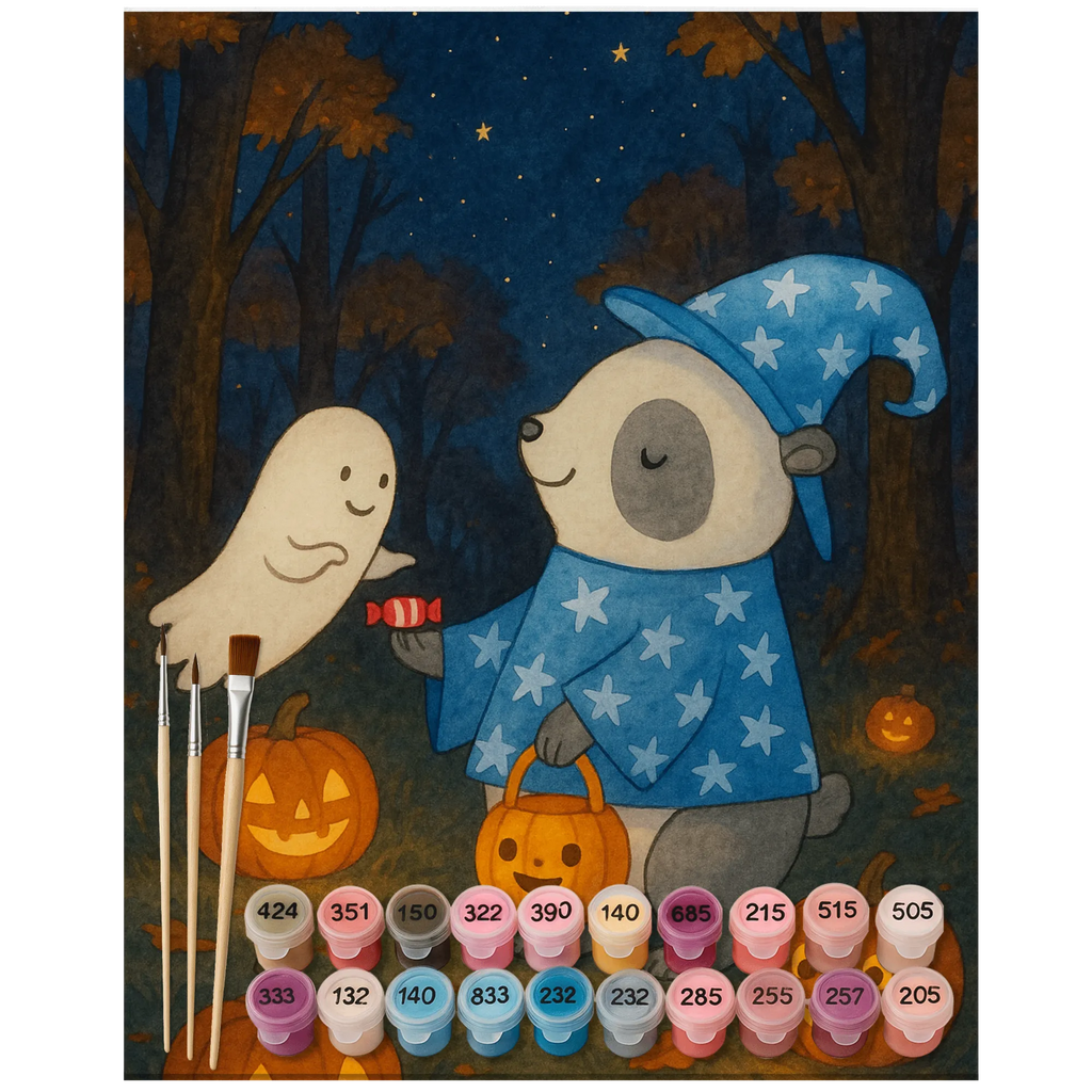 Malen nach Zahlen Panda Zauberer Design Bastelidee, Baseln, Malen nach Zahlen, DIY, Malen, Ausmalbild, Künstler, Kunstwerk, Kreativität, Halloween, Deko, Martinssingen, Dekoration, Geschenke, Schenken, Zauberer, Süßes sonst gibt's saures, Panda, Trick or Treat, Gespenst, Halloween Deko