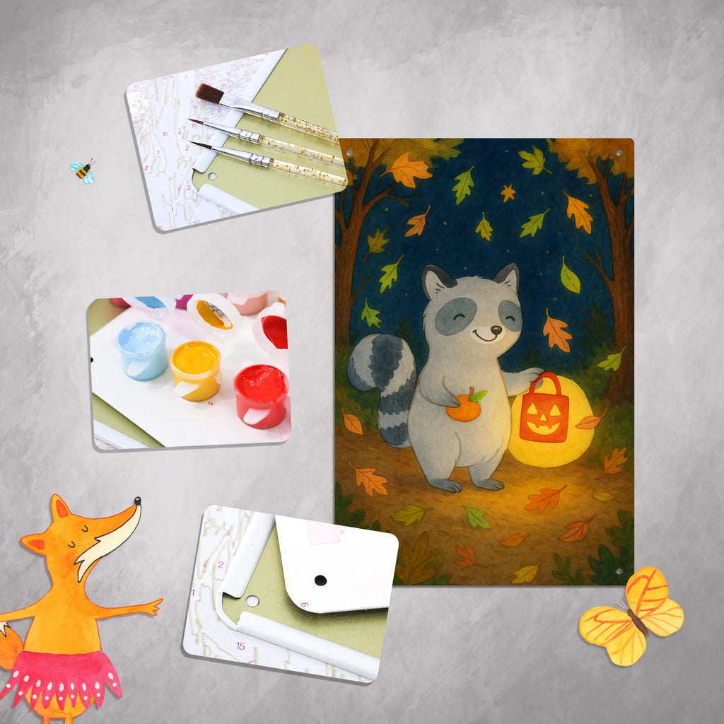 Malen nach Zahlen Metallschild Waschbär Laterne Design Ausmalbild, Baseln, DIY, Kunstwerk, Künstler, Kreativität, Malen, Bastelidee, Malen nach Zahlen, Halloween, Deko, Martinssingen, Dekoration, Geschenke, Schenken, Süßes sonst gibt's saures, Laterne, Waschbär, Halloween Deko, Trick or Treat, Herbst