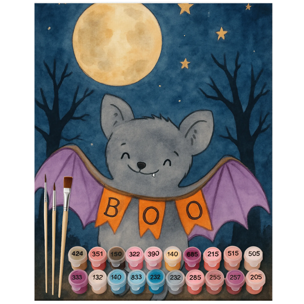 Paint by Numbers Bat Boo Design Baseln, Künstler, Malen, Kunstwerk, Kreativität, Ausmalbild, Malen nach Zahlen, DIY, Bastelidee, Halloween, Deko, Martinssingen, Dekoration, Geschenke, Schenken