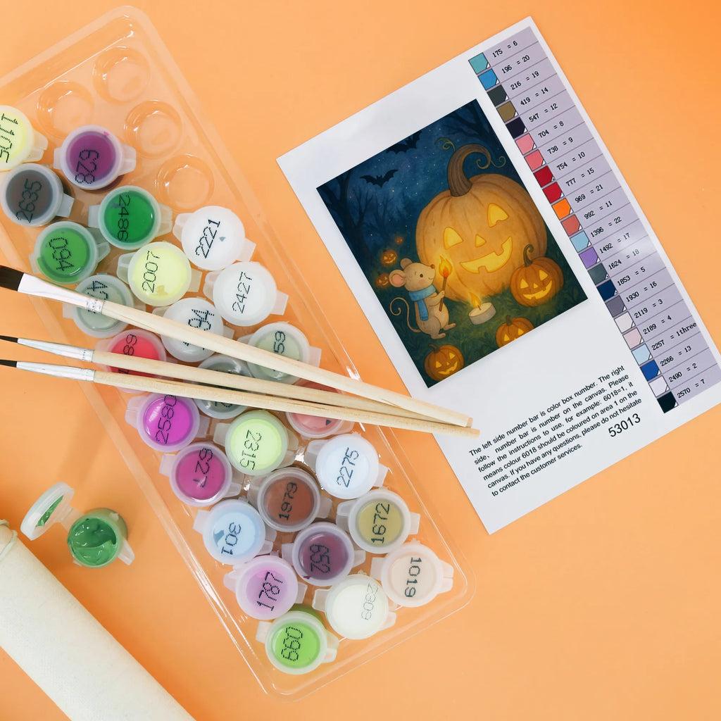 Malen nach Zahlen Kürbis Maus Design DIY, Kunstwerk, Bastelidee, Kreativität, Künstler, Malen nach Zahlen, Malen, Ausmalbild, Baseln, Halloween, Deko, Martinssingen, Dekoration, Geschenke, Schenken, Kerzen, Trick or Treat, Halloween Deko, Süßes sonst gibt's saures, Maus, Kürbis