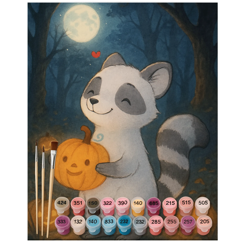 Malen nach Zahlen Waschbär Kürbis Design Kreativität, DIY, Künstler, Malen, Ausmalbild, Kunstwerk, Baseln, Bastelidee, Malen nach Zahlen, Halloween, Deko, Martinssingen, Dekoration, Geschenke, Schenken, Halloween Deko, Trick or Treat, Süßes sonst gibt's saures, Waschbär, Kürbis