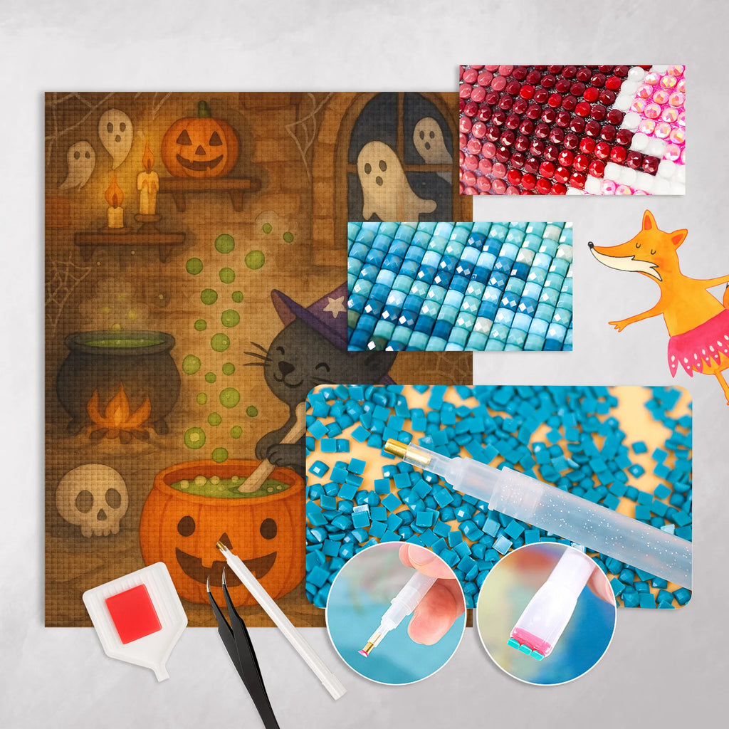 Obraz diamentowy kocur kocioł czarownic Design Halloween, dekoracje, Martinssingen, dekoracja, prezenty, dawanie