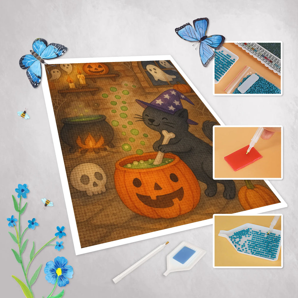 Obraz diamentowy kocur kocioł czarownic Design Halloween, dekoracje, Martinssingen, dekoracja, prezenty, dawanie