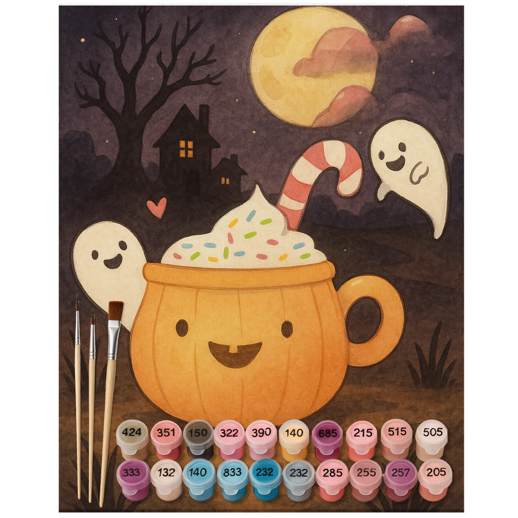 Malen nach Zahlen Kaffee Gespenst Design Kunstwerk, Malen nach Zahlen, Ausmalbild, Baseln, DIY, Malen, Künstler, Bastelidee, Kreativität, Halloween, Deko, Martinssingen, Dekoration, Geschenke, Schenken, Halloween Deko, Süßes sonst gibt's saures, Pumpkin spiced Latte, Kaffee, Gespenst, Trick or Treat