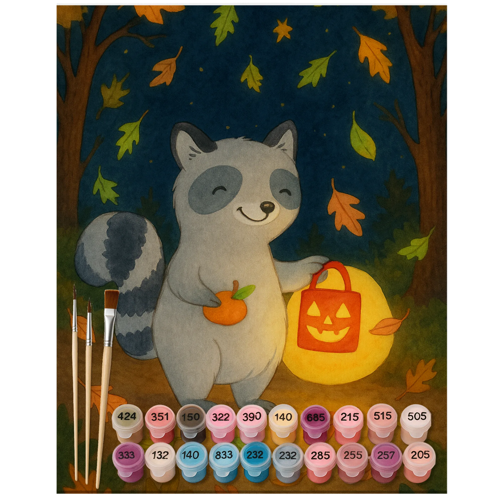 Paint by Numbers Raccoon Lantern Design Ausmalbild, Malen, DIY, Kunstwerk, Kreativität, Baseln, Malen nach Zahlen, Künstler, Bastelidee, Halloween, Deko, Martinssingen, Dekoration, Geschenke, Schenken, Süßes sonst gibt's saures, Waschbär, Halloween Deko, Laterne, Trick or Treat, Herbst