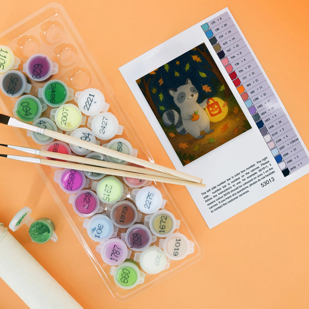 Paint by Numbers Raccoon Lantern Design Ausmalbild, Malen, DIY, Kunstwerk, Kreativität, Baseln, Malen nach Zahlen, Künstler, Bastelidee, Halloween, Deko, Martinssingen, Dekoration, Geschenke, Schenken, Süßes sonst gibt's saures, Waschbär, Halloween Deko, Laterne, Trick or Treat, Herbst