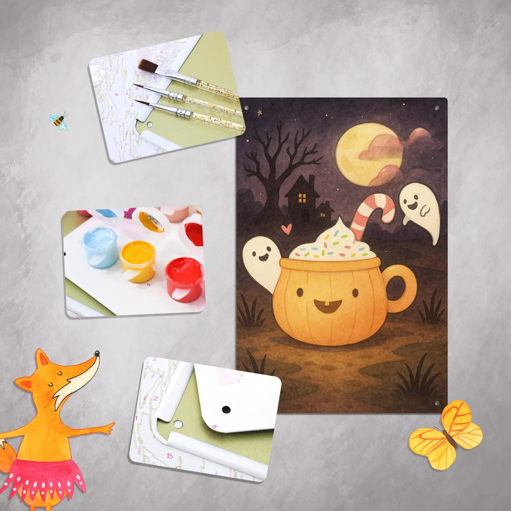 Malen nach Zahlen Metallschild Kaffee Gespenst Design Malen nach Zahlen, Baseln, DIY, Malen, Kreativität, Kunstwerk, Bastelidee, Ausmalbild, Künstler, Halloween, Deko, Martinssingen, Dekoration, Geschenke, Schenken, Pumpkin spiced Latte, Süßes sonst gibt's saures, Halloween Deko, Gespenst, Kaffee, Trick or Treat