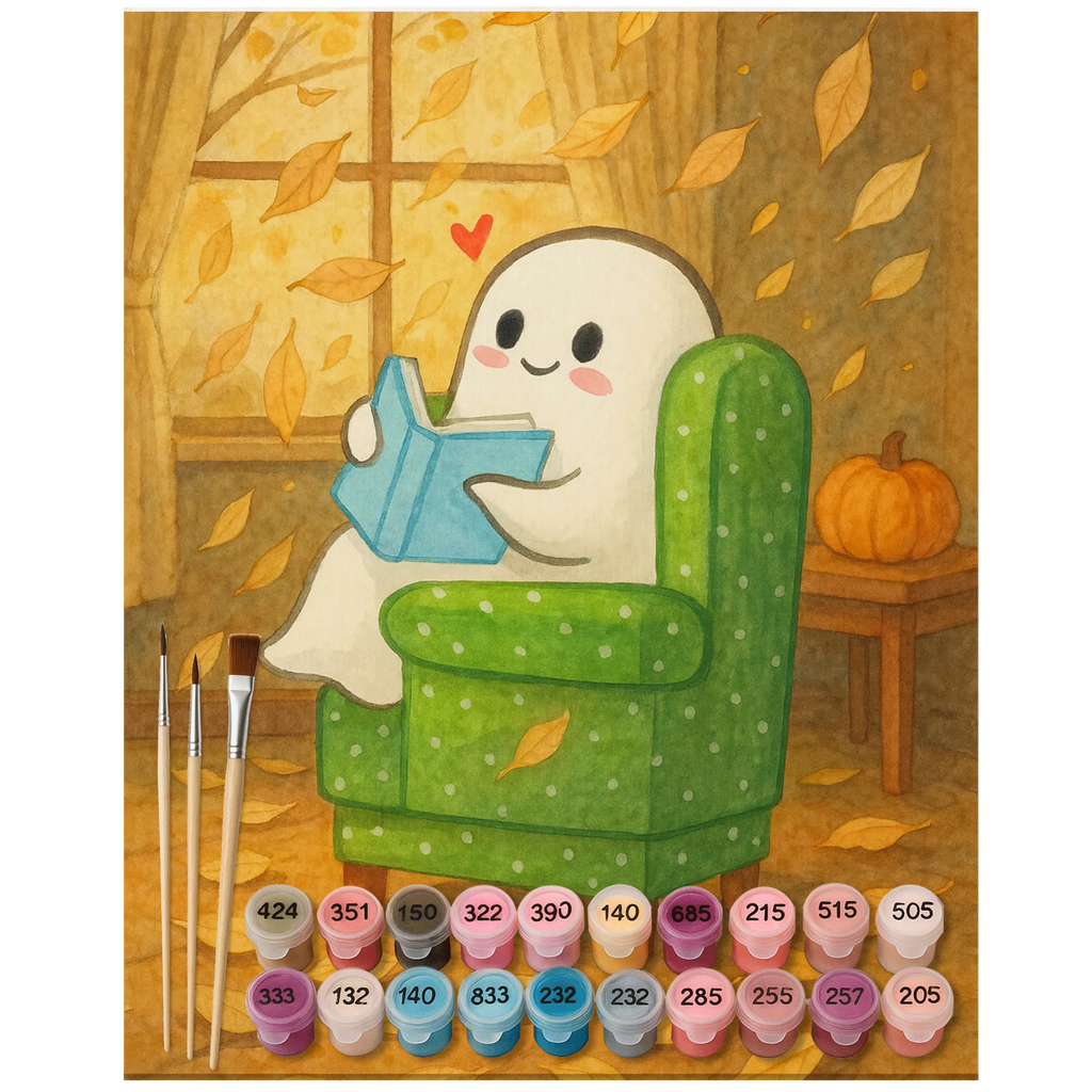 Paint by Numbers Ghost Book Design Baseln, Bastelidee, Kreativität, Ausmalbild, Künstler, Malen nach Zahlen, Malen, Kunstwerk, DIY, Halloween, Deko, Martinssingen, Dekoration, Geschenke, Schenken, gemütlich, Buch, Gespenst, Herbst