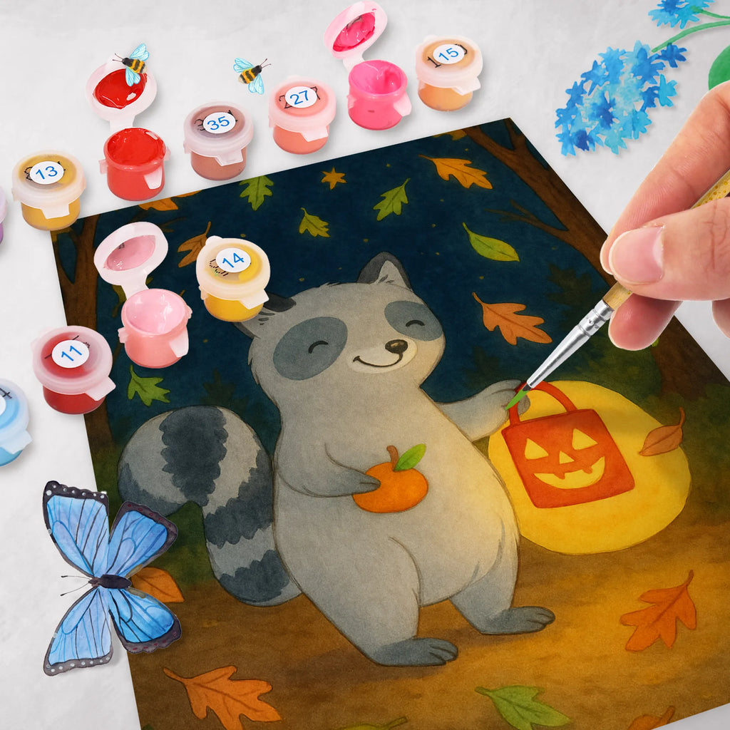 Paint by Numbers Raccoon Lantern Design Ausmalbild, Malen, DIY, Kunstwerk, Kreativität, Baseln, Malen nach Zahlen, Künstler, Bastelidee, Halloween, Deko, Martinssingen, Dekoration, Geschenke, Schenken, Süßes sonst gibt's saures, Waschbär, Halloween Deko, Laterne, Trick or Treat, Herbst