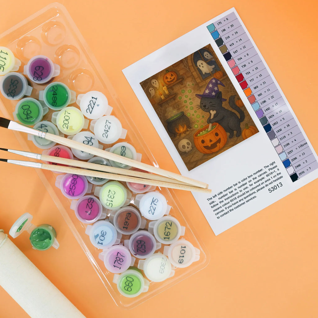 Malen nach Zahlen Kater Hexenkessel Design DIY, Ausmalbild, Malen nach Zahlen, Malen, Bastelidee, Kreativität, Künstler, Kunstwerk, Baseln, Halloween, Deko, Martinssingen, Dekoration, Geschenke, Schenken, Hexenkessel, Zaubertrank, Kater, Hexe, Zaubern