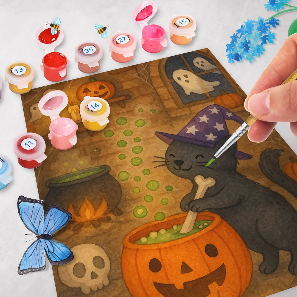 Malen nach Zahlen Kater Hexenkessel Design DIY, Ausmalbild, Malen nach Zahlen, Malen, Bastelidee, Kreativität, Künstler, Kunstwerk, Baseln, Halloween, Deko, Martinssingen, Dekoration, Geschenke, Schenken, Hexenkessel, Zaubertrank, Kater, Hexe, Zaubern