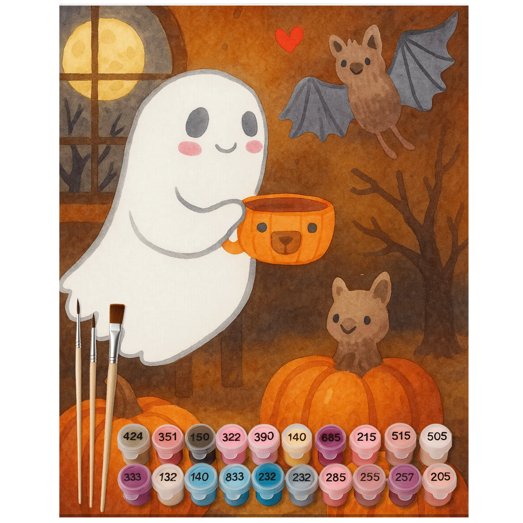 Malen nach Zahlen Gespenst Kaffee Design Kreativität, Malen, DIY, Malen nach Zahlen, Baseln, Bastelidee, Kunstwerk, Ausmalbild, Künstler, Halloween, Deko, Martinssingen, Dekoration, Geschenke, Schenken, Kaffee, Gespenst