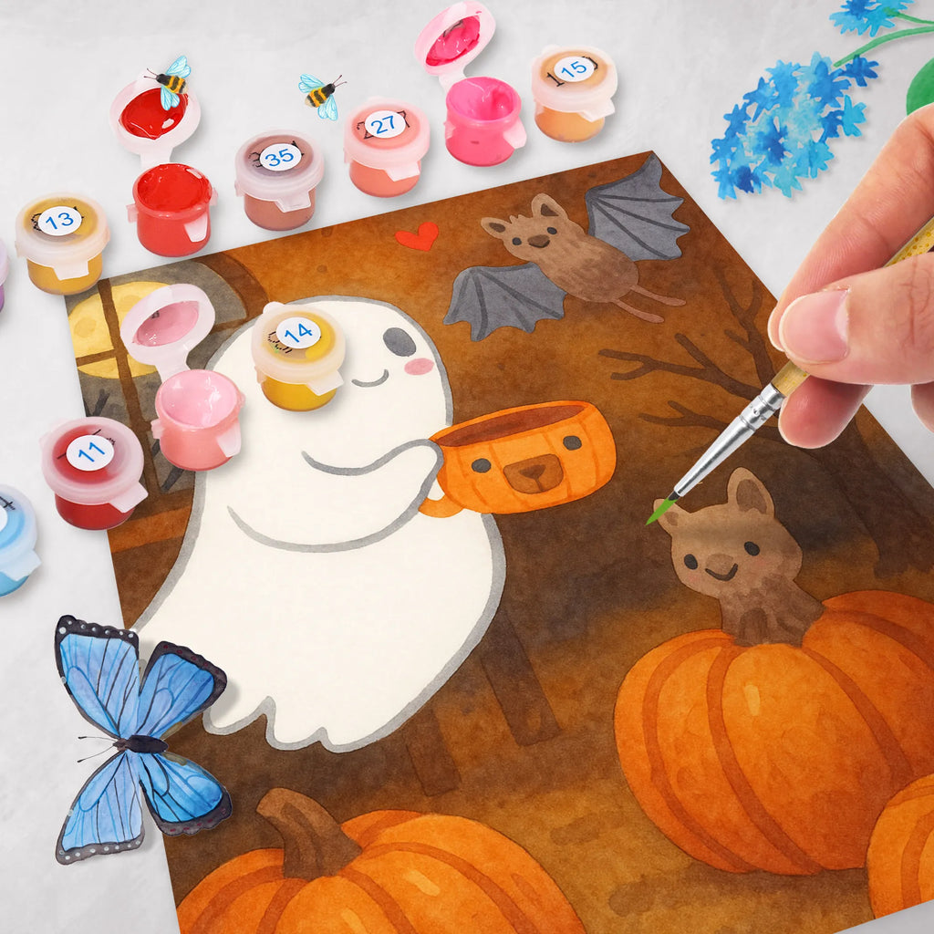 Malen nach Zahlen Gespenst Kaffee Design Kreativität, Malen, DIY, Malen nach Zahlen, Baseln, Bastelidee, Kunstwerk, Ausmalbild, Künstler, Halloween, Deko, Martinssingen, Dekoration, Geschenke, Schenken, Kaffee, Gespenst