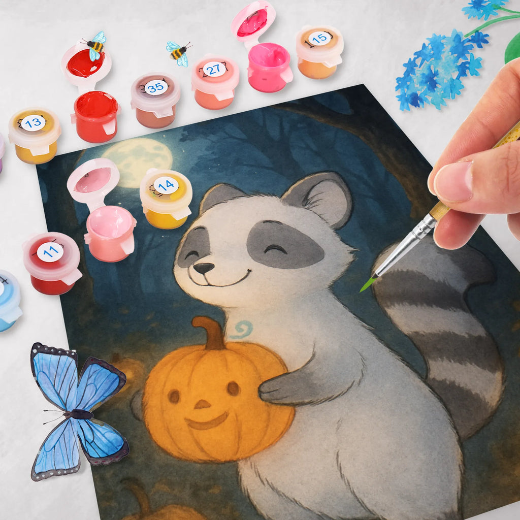 Malen nach Zahlen Waschbär Kürbis Design Kreativität, DIY, Künstler, Malen, Ausmalbild, Kunstwerk, Baseln, Bastelidee, Malen nach Zahlen, Halloween, Deko, Martinssingen, Dekoration, Geschenke, Schenken, Halloween Deko, Trick or Treat, Süßes sonst gibt's saures, Waschbär, Kürbis