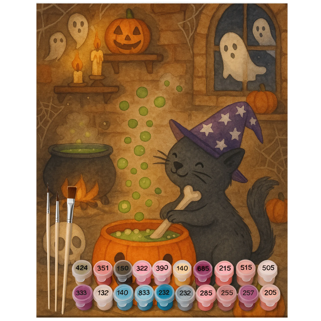 Malen nach Zahlen Kater Hexenkessel Design DIY, Ausmalbild, Malen nach Zahlen, Malen, Bastelidee, Kreativität, Künstler, Kunstwerk, Baseln, Halloween, Deko, Martinssingen, Dekoration, Geschenke, Schenken, Hexenkessel, Zaubertrank, Kater, Hexe, Zaubern