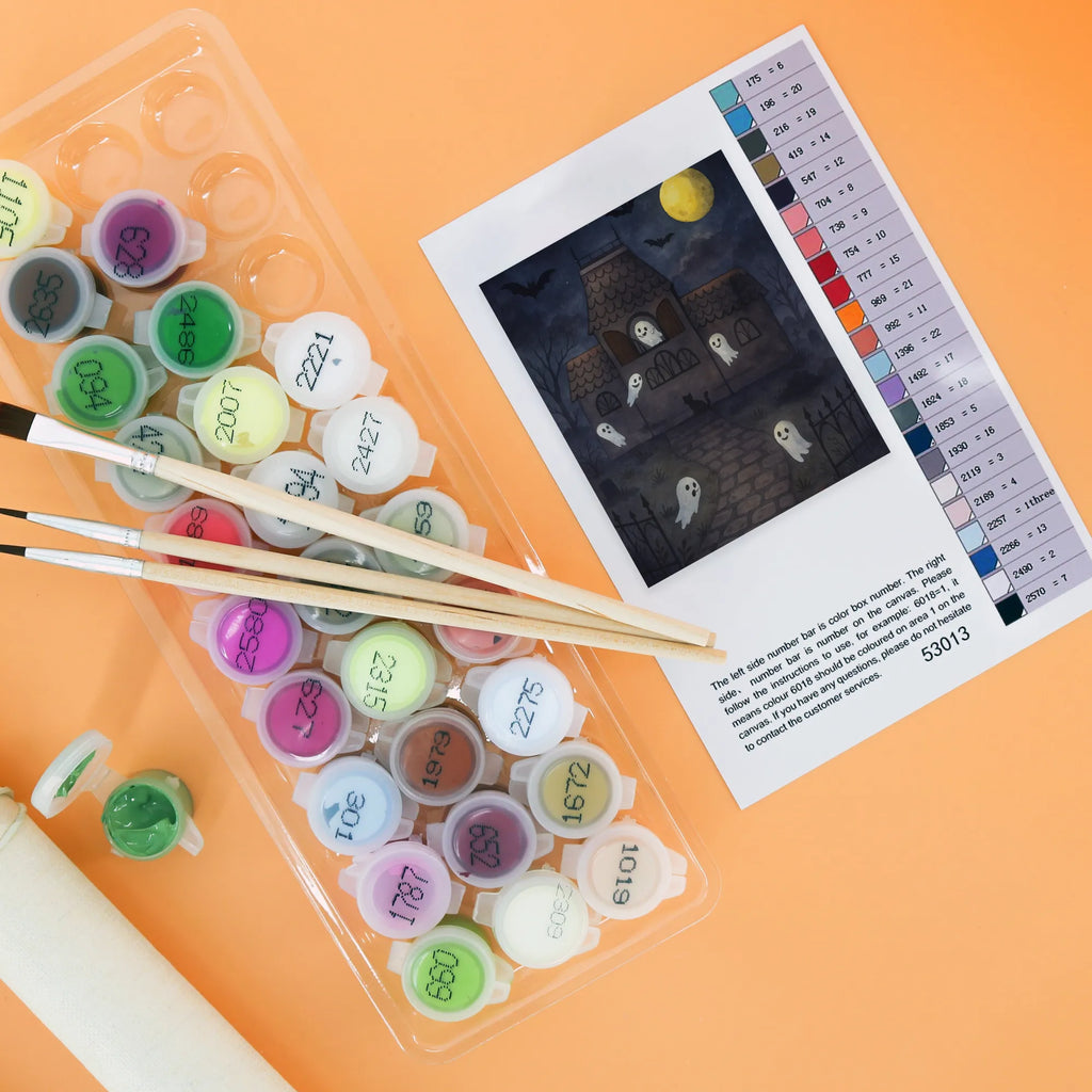 Paint by Numbers Ghosts Villa Design Kreativität, Baseln, Kunstwerk, Malen, Künstler, DIY, Ausmalbild, Malen nach Zahlen, Bastelidee, Halloween, Deko, Martinssingen, Dekoration, Geschenke, Schenken