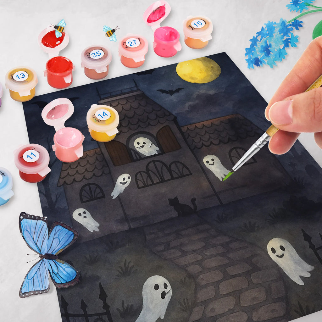 Paint by Numbers Ghosts Villa Design Kreativität, Baseln, Kunstwerk, Malen, Künstler, DIY, Ausmalbild, Malen nach Zahlen, Bastelidee, Halloween, Deko, Martinssingen, Dekoration, Geschenke, Schenken